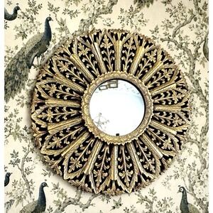 Vintage MCM MIrror Carved Wood Gold Sunburst Accent 22" Celestial Star Statement